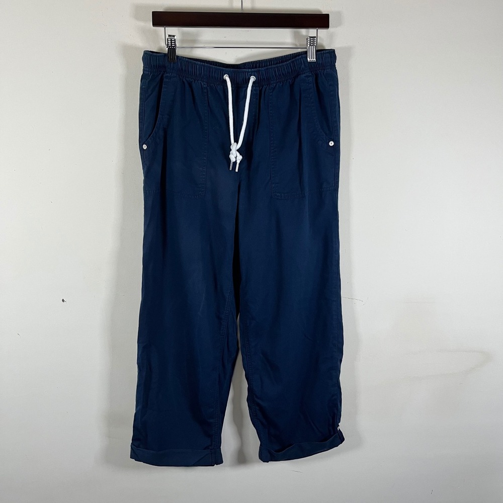 Nautica Navy Cropped Sailor Style Pants White Drawstring Rolled Cuff Size Large